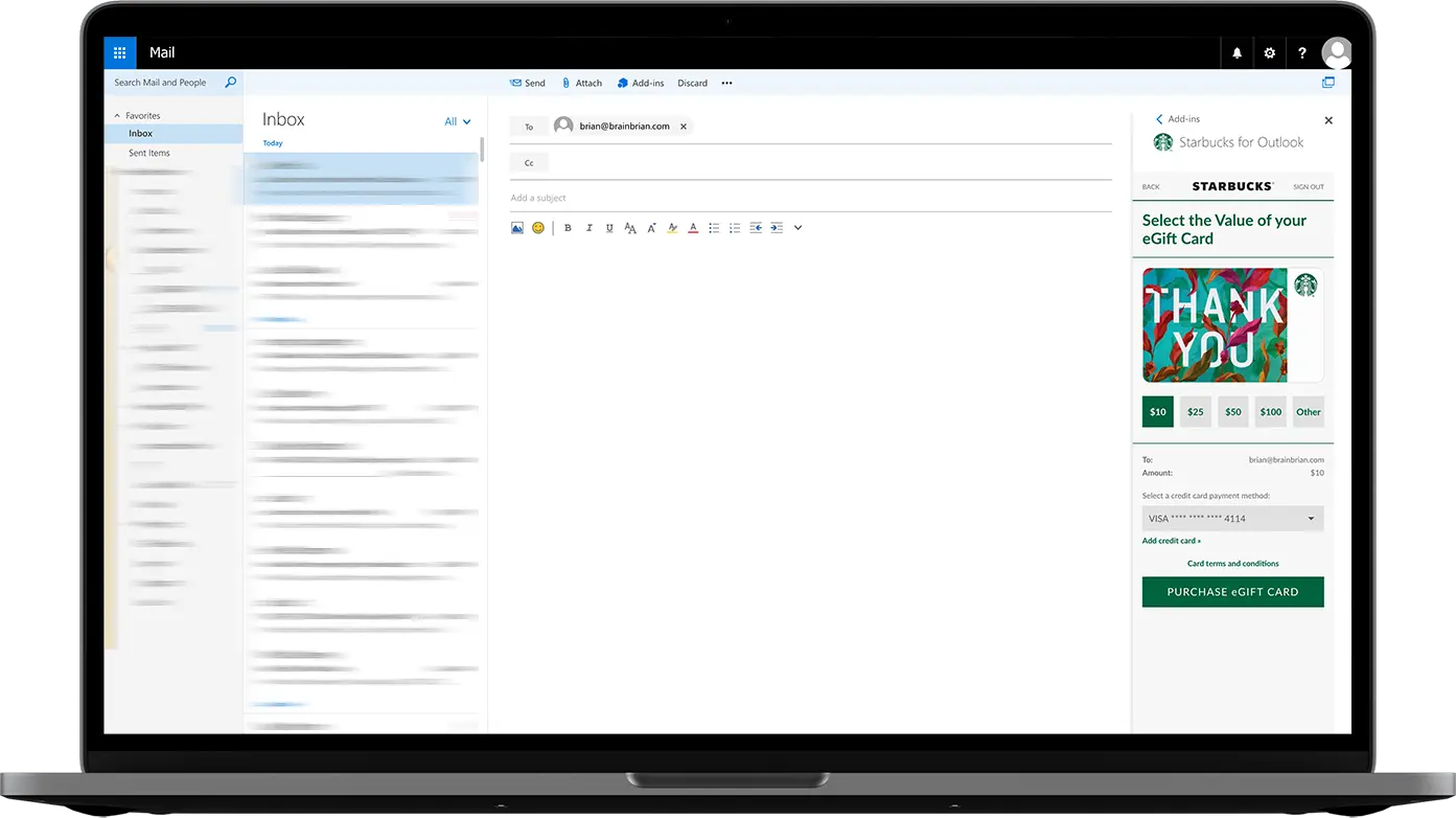 Starbucks Outlook Purchase Gift Card